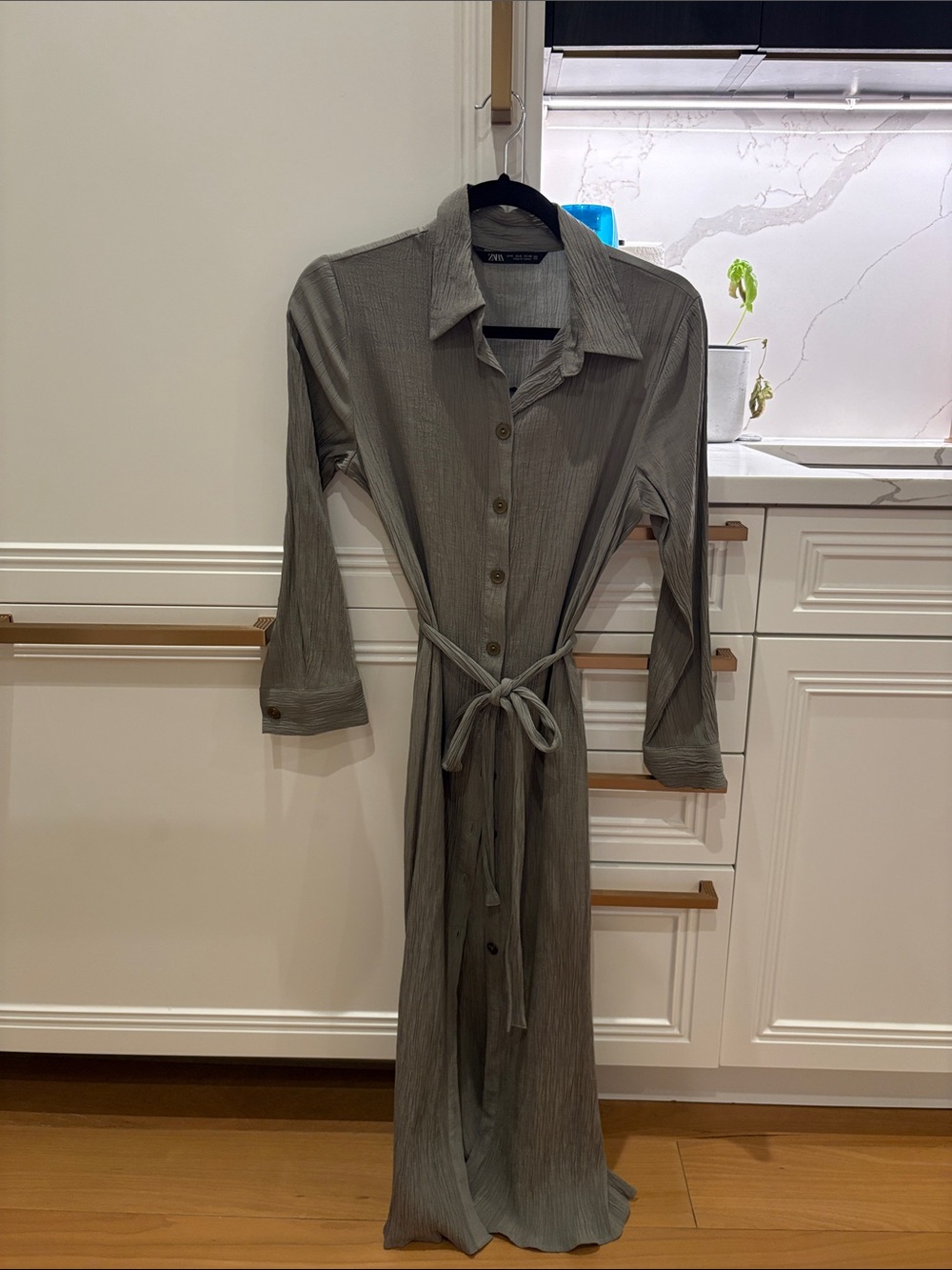 Zara Long Sleeve Button-Front Maxi Shirt Dress in Gray